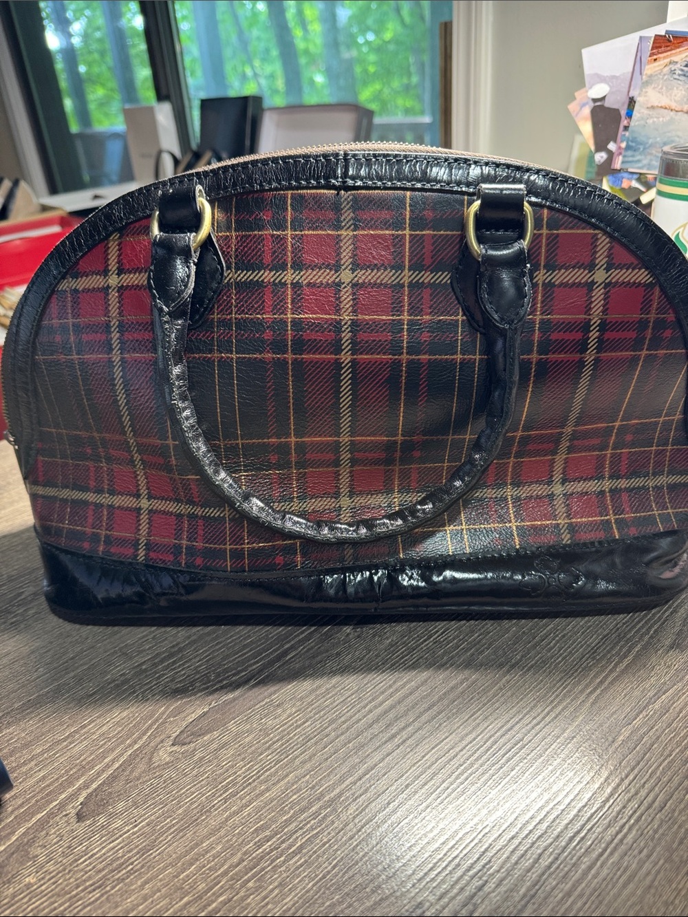 Classic Red Tartan Dome Satchel Handbag - Black Trim. Patricia Nash